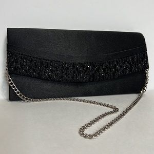 Moni Couture Black Beaded Satin Clutch with Removable Silver Tone Chain Strap